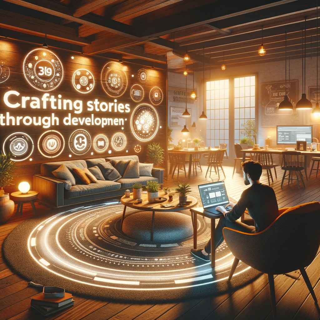 DALL·E 2024-01-14 16.04.35 - A cozy and inviting image representing a HubSpot Development company, SpiderHub.dev, themed on Crafting stories through development and innovation,